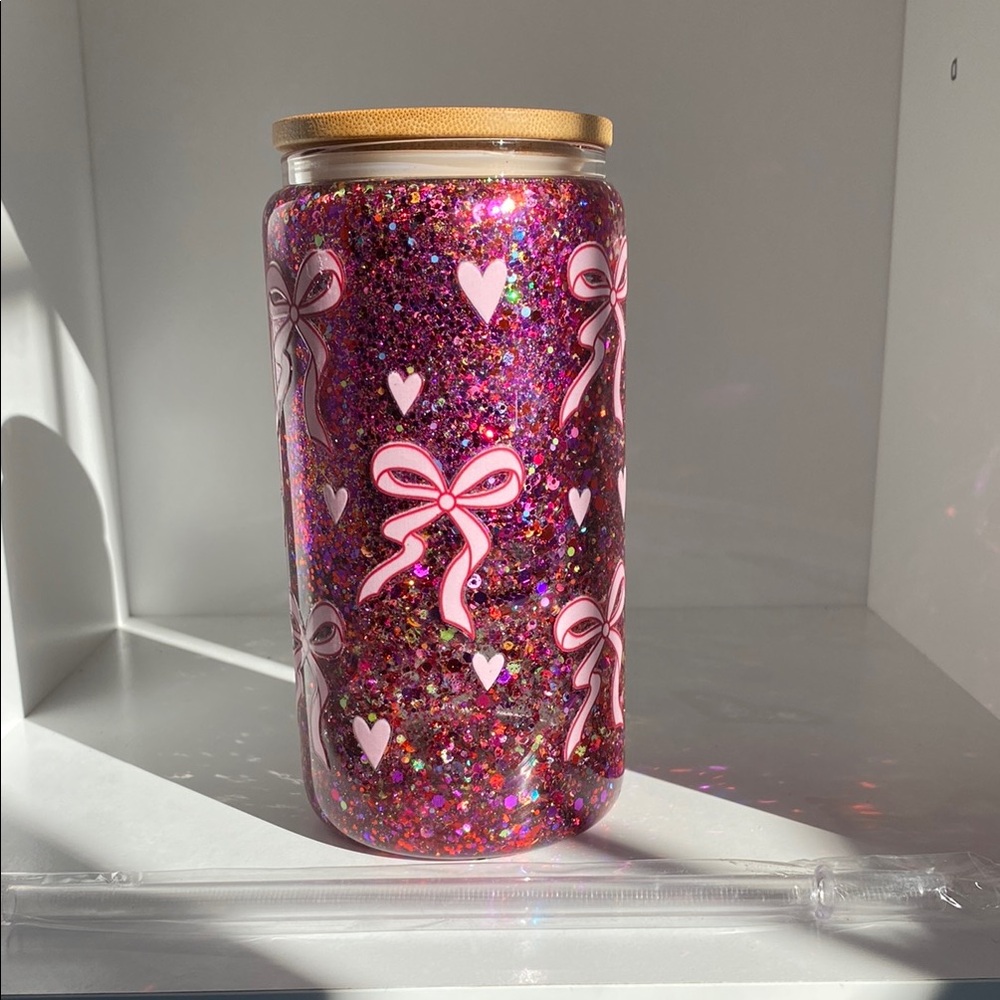 Snow Globe Glittery Pink Bow Jar with Straw